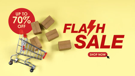 bulk parcel boxes and shopping cart with flash sale and 70% offer text. sales, offer, online shopping conceptの写真素材