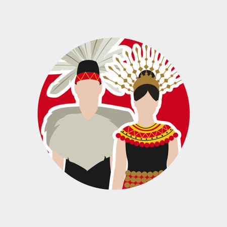 Vector illustration of Malaysian Iban couple character wearing traditional costumeのイラスト素材