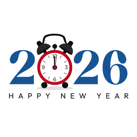 Happy New Year 2026 Text Design with Alarm Clock Vector Illustration