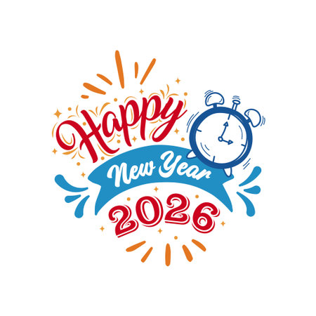 Happy New Year 2026 Lettering Design with Alarm Clock Vector Illustrationのイラスト素材