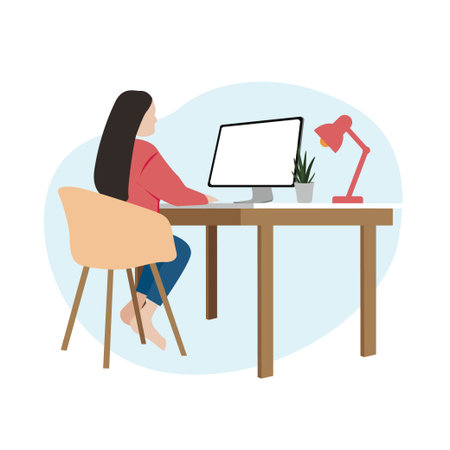 Freelancer, happy woman sitting on sofa working at home, remote work. Vector illustration for web banner, infographics, poster, mobileのイラスト素材