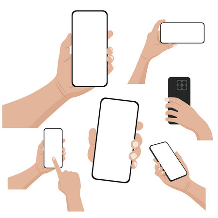 Set of hands holding mobile phones with blank screen. Vector illustration.のイラスト素材