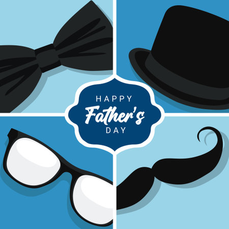 Vector illustration of Father's day greeting card design. Happy father's day text with hat, sunglasses, bow tie, tie and mustache in blue background.のイラスト素材