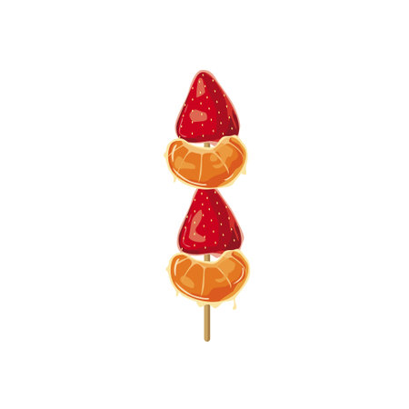 Vector illustration of fruit skewer Tanghulu. Strawberry and orange snack candy coated with sugar syrup.のイラスト素材