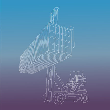 Forklift with cargo container on blue background. Wireframe low poly mesh vector illustration.のイラスト素材