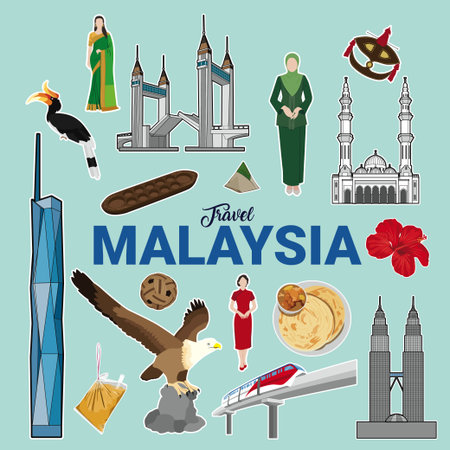 Set of famous landmarks of Malaysia in flat style. Vector illustration.のイラスト素材