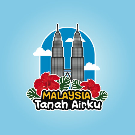 Vector illustration of Kuala Lumpur Twin Tower landmarks and National flower embellishments, hibiscusのイラスト素材