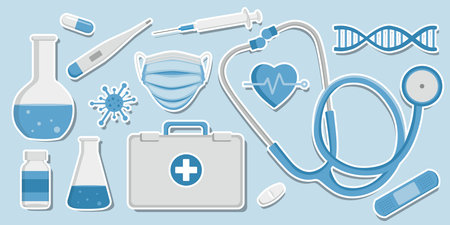 Flat vector illustration featuring hospital and medical equipment such as stethoscope, syringe, DNA, and first aid kit. Ideal for healthcare posters, hospital websites, and medicalのイラスト素材