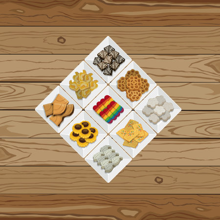 Vector illustration of various Malaysian traditional Eid festive dessert, served on plate, presented in ketupat shape on wooden backgroundのイラスト素材