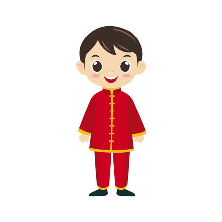Cute little boy in traditional Chinese costume. Cartoon vector illustration.のイラスト素材