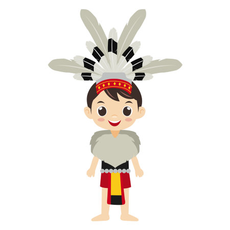 Vector flat illustration. Cute Malaysian Sarawakian boy wearing traditional attire called Baju Ibanのイラスト素材