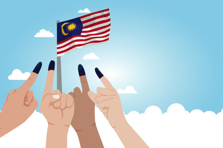 Vector illustration of Malaysia General Election Day Concept. Voter fingers with blue ink marked on nailのイラスト素材