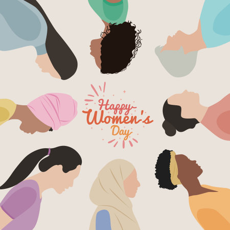 International Women's Day greeting card with diverse women. Vector illustration.のイラスト素材