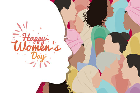 Happy Women's Day greeting card with beautiful women. Vector illustration.のイラスト素材