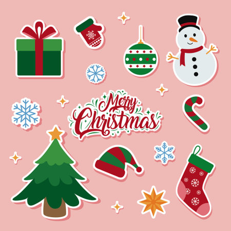Minimalist vector illustration set of Christmas sticker elements for social media, cover, backgrounds, banners, postersのイラスト素材