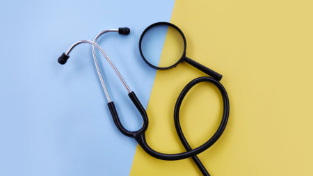 Diagnosis of diseases with a stethoscope and magnifying glass on a blue and yellow background. Perfect for themes of healthcare, diagnosis, research and medical planning.の写真素材