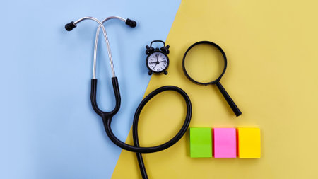 Flat lay medical composition featuring a stethoscope, magnifying glass, alarm clock and colorful sticky notes arranged on a pastel two-tone backgroundの写真素材