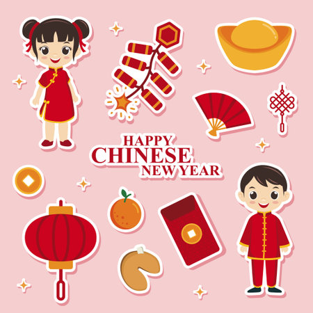 Minimalist vector illustration set of cute Chinese New Year sticker elements for social media, cover, backgrounds, banners, postersのイラスト素材