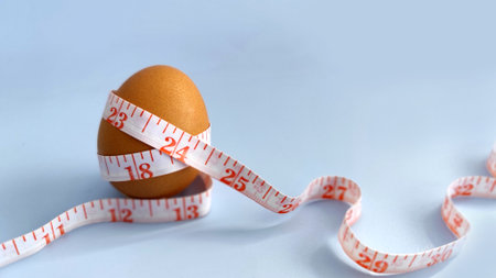Raw egg wrapped with measuring tape on blue background, representing healthy diet, weight loss,...