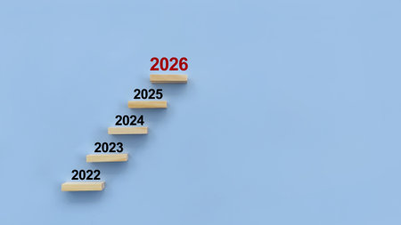 Wooden blocks arranged as steps from 2022 to 2026, symbolizing progress, future planning, goals,...