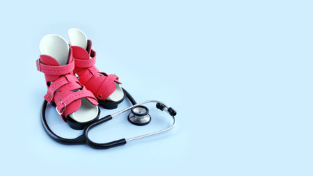 Orthopedic boots with stethoscope representing pediatric healthcare and clubfoot treatment concept.