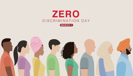 Minimal vector illustration showing diverse people standing side by side representing equality, inclusion, and Zero Discrimination Day awareness.のイラスト素材