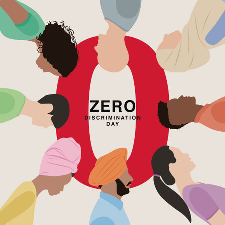 Top view vector illustration of diverse people forming a circle symbolizing unity, equality, and collective support for Zero Discrimination Day.のイラスト素材