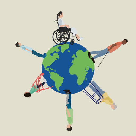 Global disability awareness vector illustration with diverse people forming a circle around a globe,...