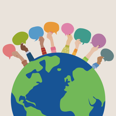 Large globe with raised hands holding speech bubbles, symbolizing worldwide diversity, shared voices, and inclusive communication.のイラスト素材