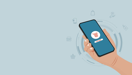 Hand holding smartphone with shopping cart icon representing simple mobile ecommerce and online buying concept.のイラスト素材