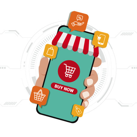 Smartphone with shopping app and floating commerce icons showing mobile buying and online retail concept.のイラスト素材
