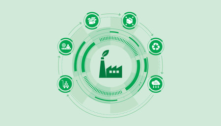 Green industrial sustainability concept featuring eco-friendly factory with circular supply chain icons representing responsible production and environmental management.のイラスト素材