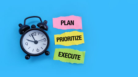 Plan prioritize execute concept with alarm clock on blue background, showing structured workflow, productivity system and effective time management.