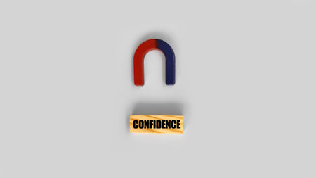 Minimalist concept of magnet attracting the word â€œconfidenceâ€ represented by a wooden block on a clean background, symbolizing personal growth, motivation, and self-belief.