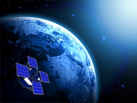 blue planet earth and satellite in space の写真素材
