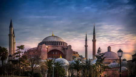 Hagia Sophia church , mosque and now museum in Istanbul Turkey exterior view at sunset view from the park of Sultanahmet mosqueのeditorial素材