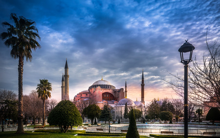 Hagia Sophia church , mosque and now museum in Istanbul Turkey exterior view at sunset view from the park of Sultanahmet mosqueのeditorial素材