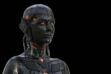 Robot Android Cyborg Woman Humanoid - isolated in black background -realistic 3D renderingの写真素材