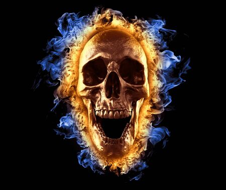Skull in fire 3d wallpaper illustrationの写真素材