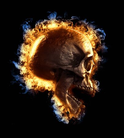 Skull burning in fire 3d rendering backgroundの写真素材