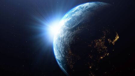 Earth planet with the sun viewed from space, 3d render of planet Earth, this image provided by NASAの写真素材