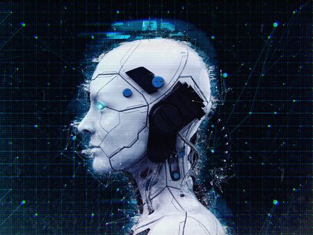 Technology Robot sci-fi woman Cyborg android background -Humanoid Artificial intelligence wallpaper-3D renderの写真素材