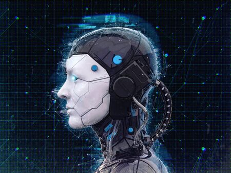 Technology Robot sci-fi woman Cyborg android background -Humanoid Artificial intelligence wallpaper-3D renderの写真素材
