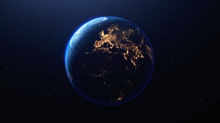 Earth planet viewed from space at night showing the lights of Europe and other countries, 3d render of planet Earth, this image provided by NASAの写真素材