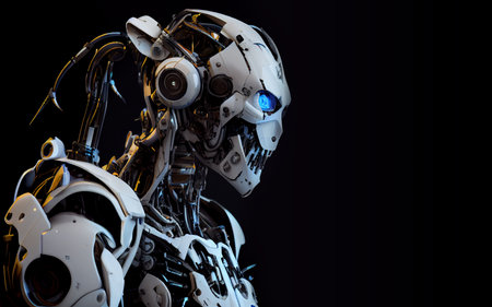 3d rendering robot artificial intelligence machine cyborg isolated on black backgroundの素材