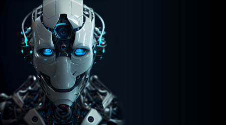 Cyborg robot on black background. 3D rendering. Virtual reality.の素材