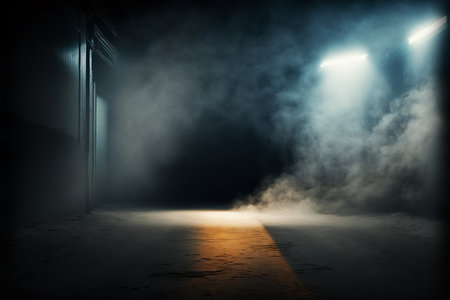 Dark corridor with lights and smoke. Concrete floor illuminated by spotlights.Science fiction interior scene- sci-fi corridor render sceneの素材