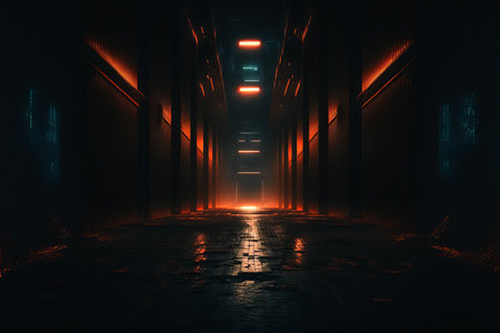 Futuristic dark corridor with glowing neon lights. Science fiction interior scene- sci-fi corridor render scene 3d renderingの素材