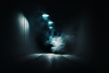 Dark corridor with lights and smoke. Horror scene. Science fiction interior scene- sci-fi corridor render scene 3D renderingの素材