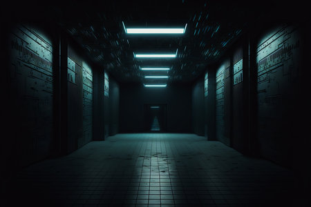 Futuristic dark corridor with glowing lights. Science fiction interior scene- sci-fi corridor render scene 3D Renderingの素材